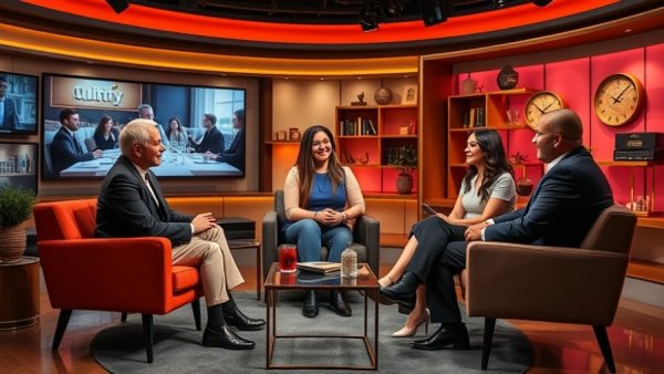 TV talk show set discussing rental property oversight services
