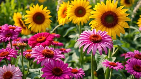 Vibrant mix of sunflowers and zinnias in a pollinator garden.
