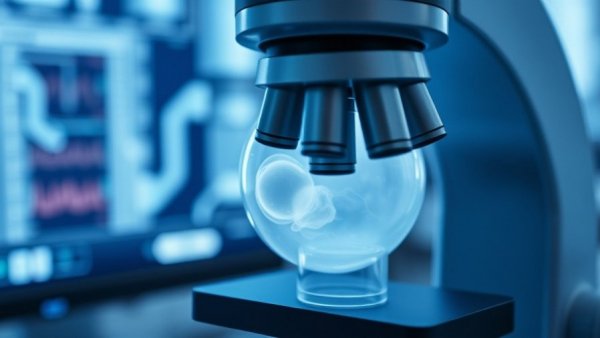 AI in infertility treatment: embryo under microscope with micropipettes.
