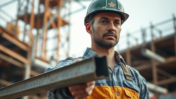 Construction worker in hard hat and vest carrying beam at site.