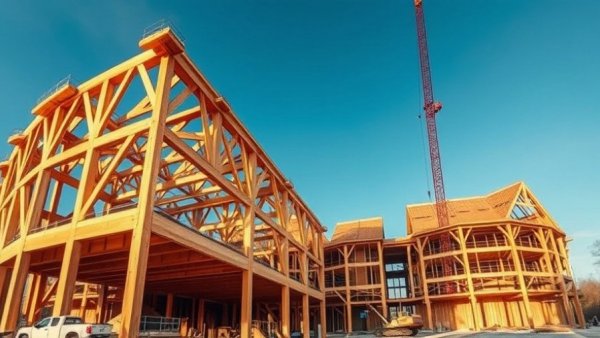 Modern mass timber construction site in Michigan under a clear blue sky.