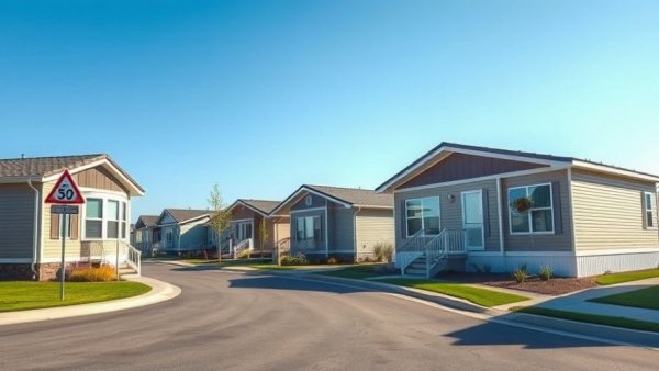 Modern manufactured homes in Michigan, clear skies, residential street.