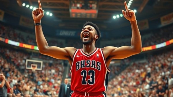 Basketball player celebrates during a game in front of cheering fans.