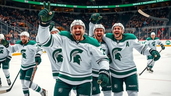 Michigan State hockey players celebrating during a rivalry game.