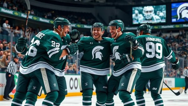 Michigan State hockey players celebrate against North Dakota.