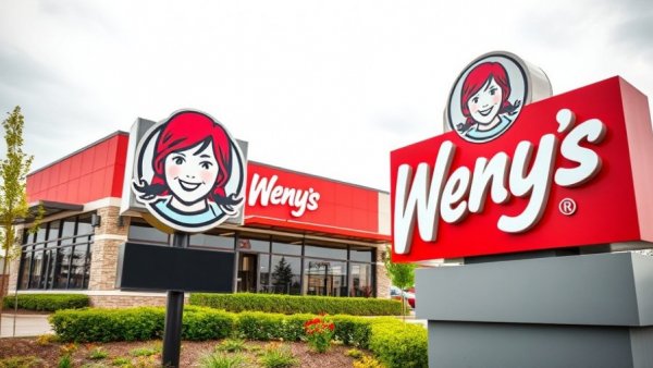 Wendy's restaurant sign with building in background under cloudy sky