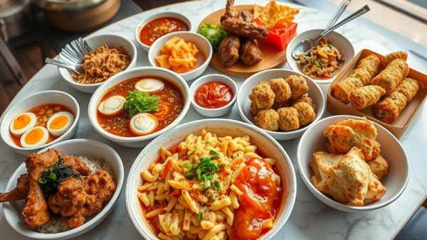 Vibrant Korean street food spread at Grand Rapids restaurant.