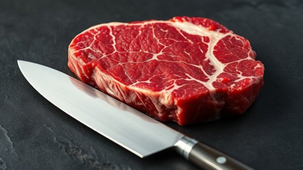 Marbled ribeye steak on a knife at a butcher shop.