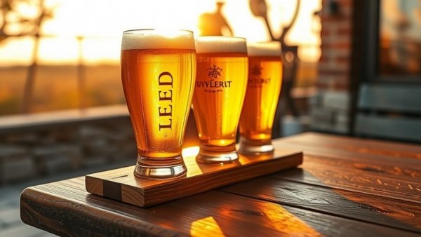 West Michigan Beer Tour Card, beer flight with golden glow on table.