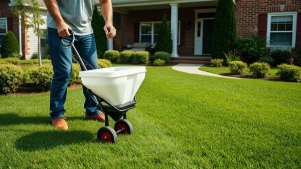 Organic lawn care solutions: man using spreader on green lawn.