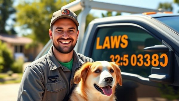 Friendly worker with dog by lawn care truck, Muskegon services