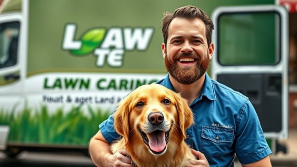 Lawn fertilization and weed control services Muskegon man with dog in front of truck