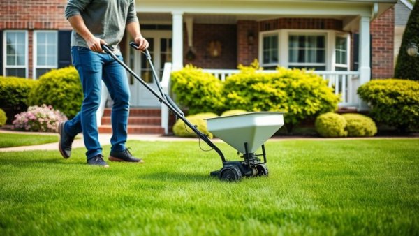 Person using spreader on lawn for organic lawn solutions.