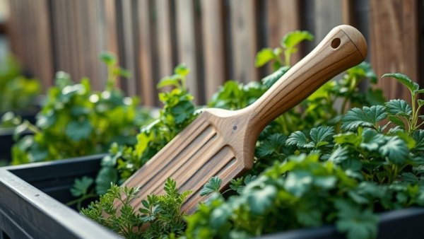 Japanese gardening tool with herbs in a planter box.