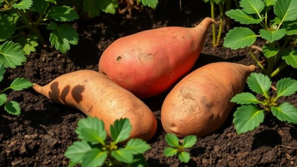 Large sweet potatoes in soil, biggest sweet potato crop.