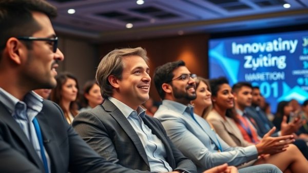 Professionals discussing digital marketing strategy at a conference.