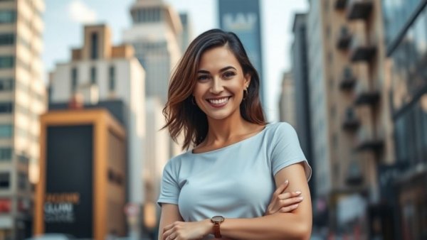 Confident woman smiling in front of a cityscape, related to landscaping software tools.