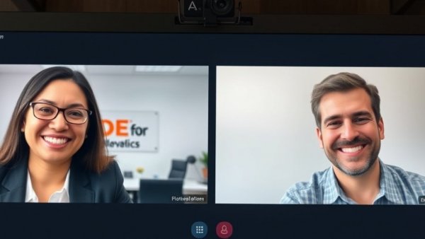 Virtual meeting with two smiling participants in different backgrounds.