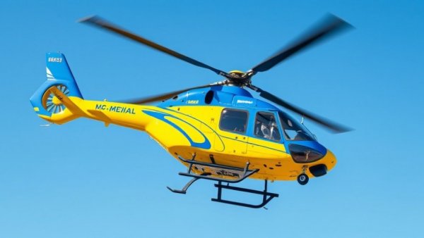 Medical helicopter flying over rural Michigan against a clear sky.