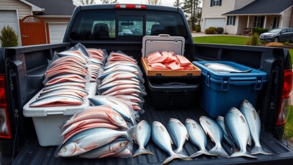 Fish fillets packed in truck, highlighting fishing regulations.