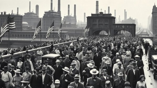 Historic image of Michigan Avenue Bridge parade with crowds in early 20th-century.