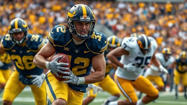 Michigan football players in action highlighting teamwork.