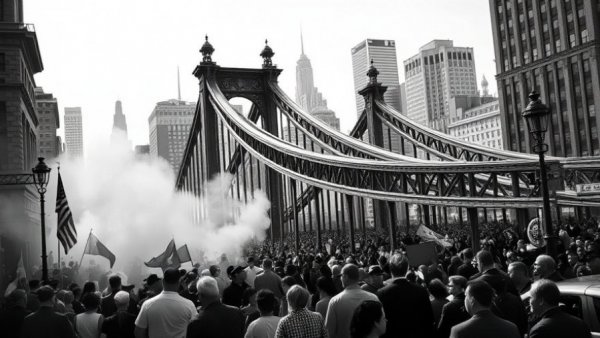 Historic photo of Michigan Avenue Bridge opening ceremony with crowd and flags.