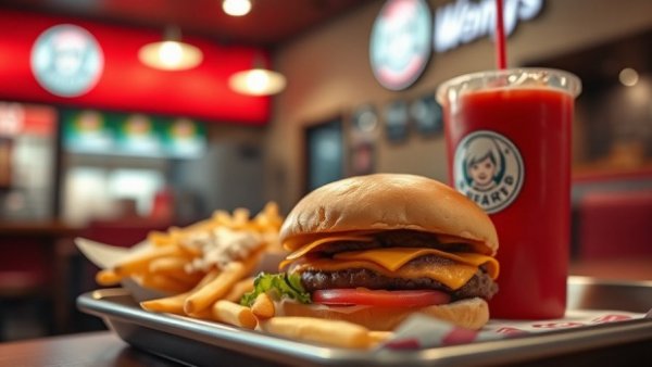 Wendy's meal with cheeseburger, fries, and drink in a restaurant setting.