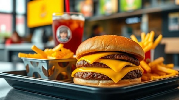 Wendy's double cheeseburger and fries on a tray, vibrant setting.