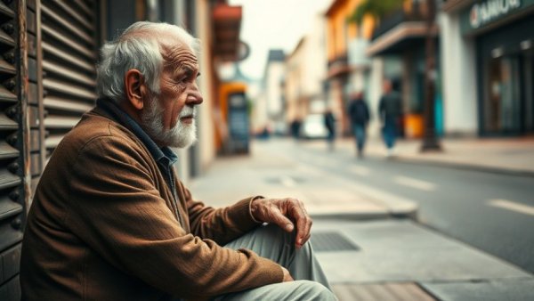 Elderly man sitting on street in urban Jerusalem, contemplative scene.