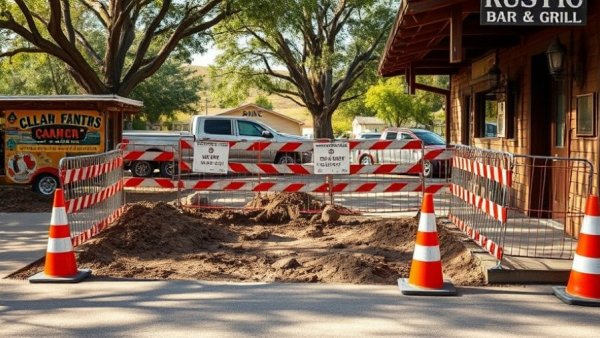 Minnesota bar sewer line incident site with construction barriers and cones.