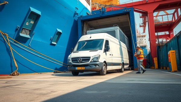 White van exits blue ship in Michigan shipyard for automotive reviews.