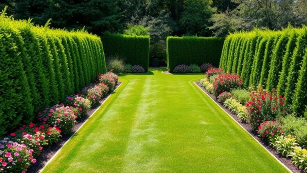 Pristine garden lawn and hedges in Essex showcasing expert lawn care services.