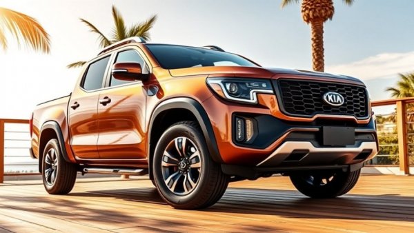 Kia Tasman Pickup Truck parked on sunny deck with clear sky.