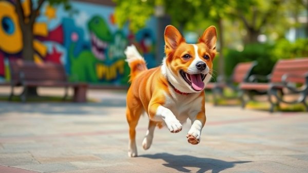 Energetic dog running in community park with colorful mural in summer