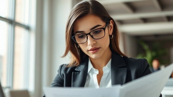 Professional rental administration scene with businesswoman in office.
