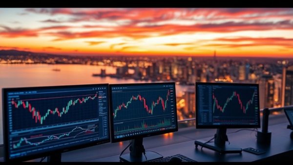 Devices showing stocks with city skyline, sunset.