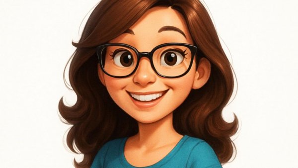 Cartoon woman with glasses and brown hair smiling, related to senior living marketing strategies AI.