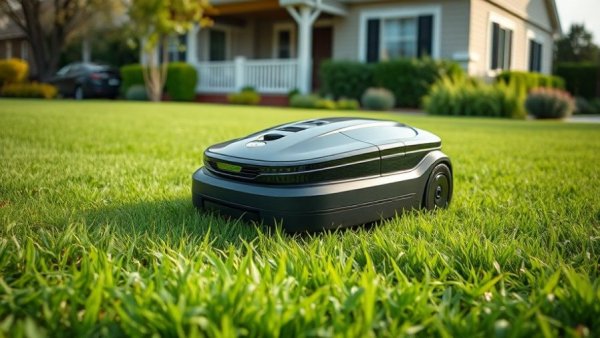 Modern robotic lawnmower maintaining lush green grass, lawn fertilization, and weed control.