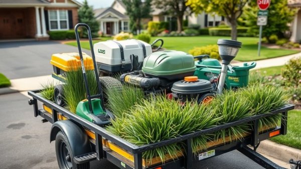 Lawn care equipment on trailer in suburban setting.