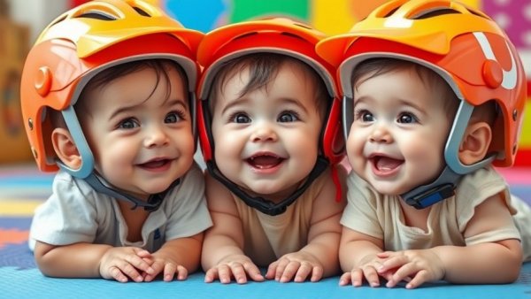 Adorable triplets wearing smarter helmets for infants on a play mat.
