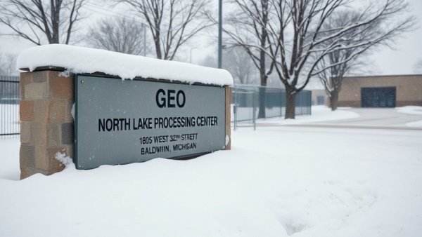 Sign of GEO North Lake Processing Center in snowy Michigan.