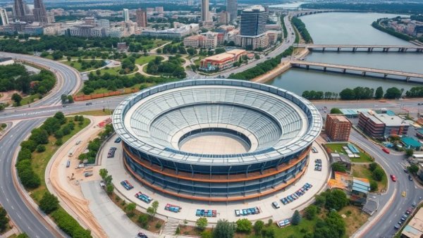 Aerial view of Michigan amphitheater construction and city development.