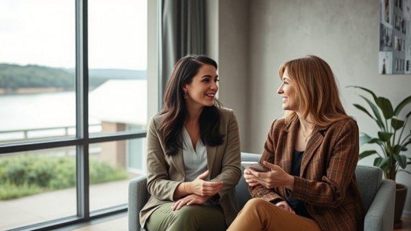 Two women discussing strategies for buying and selling real estate.