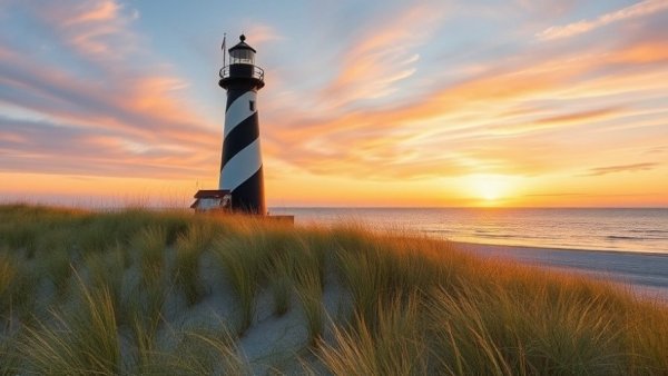 Scenic view of a Lake Michigan beach with lush dunes and lighthouse.