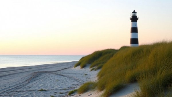 Lake Michigan beach with lighthouse at sunrise.