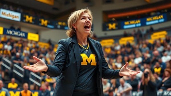 Michigan basketball assistant coach passionately coaching during a game.