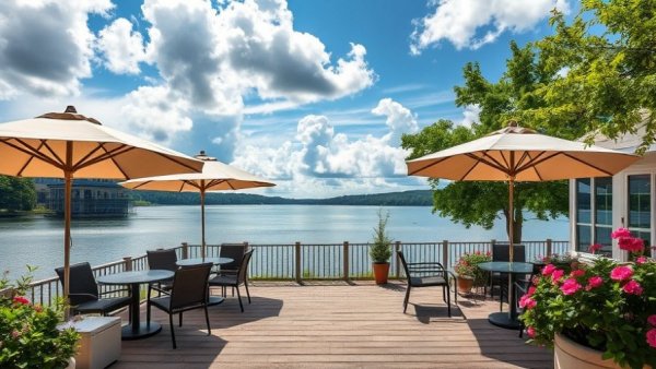 Charming Michigan outdoor dining patios by a lake with lush greenery.