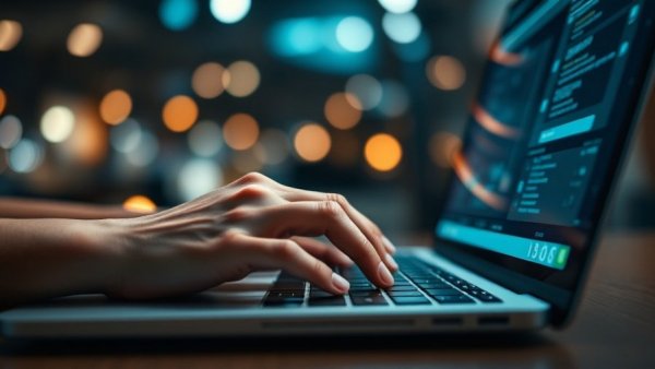 AI impact visualization on small business growth with digital tech overlay on laptop.