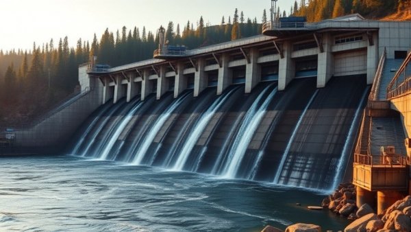 Dam with industrial building and forest highlighting contractor safety.